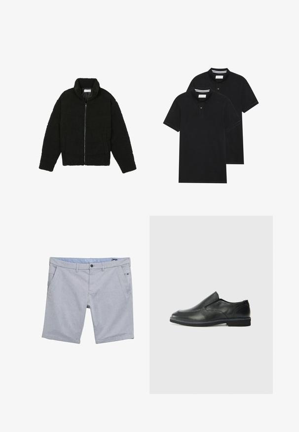 Melnā mākslīgā kažokādas jaka ar augstu apkakli, ar rāvējslēdzēju, elastīgām piedurknēm un kvadrātveida šuvēm. Iespējotas sānu kabatas un mīksta tekstūra.; Divas melnas polo krekli, īsām piedurknēm, no kokvilnas materiāla, ar klasisku apkakli, divu pogu aizdari un balti svītroti akcenti apkakles iekšpusē.; Pelēki, auduma šorti ar teksturētu rakstu. Iekļauj jostas cilpas, divas priekšējās kabatas un mazu sānu kabatu. Parastā piegriezuma.; Melnas ādas slip-on kurpes ar gludu augšdaļu, izšūtām akcentiem, noapaļotu purngala daļu un zemu gumijas papēdi. Zole ar minimālu rakstu.