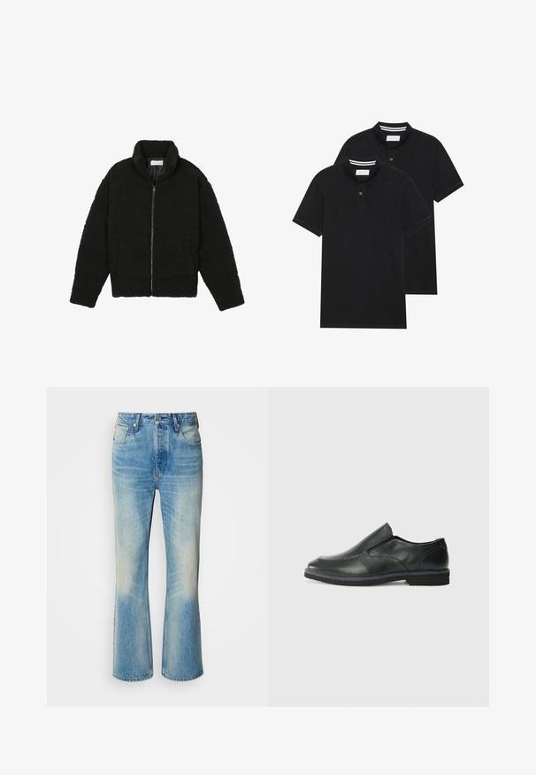 Črna jakna iz umetnega krzna z visokim ovratnikom, z zadrgo, elastičnimi manšetami in kviltanim dizajnom. Ima stranske žepke in mehak tekstur.; Dve črne polo majice, kratke rokave, iz bombažnega materiala, z klasik ovratnikom, dvobodno zaponko in belimi črtkami znotraj ovratnika.; Svetlo modri jeans s razširjenimi hlačnicami, z obledelim končnim izgledom, sprednjimi žepi in pasom na gumb. Ojačan šiv je viden.; Črne usnjene natikače z gladkim zgornjim delom, prišitimi detajli, zaobljenim nosom in nizkim gumijastim petkom. Podplat ima minimalen profil.