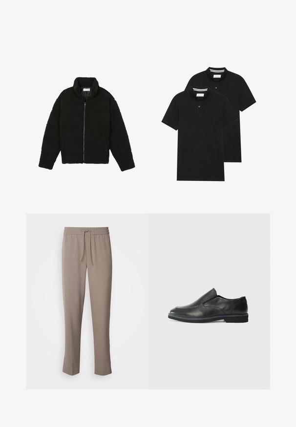 Casaco de pelo sintético preto com gola alta, fecho de zip, punhos elásticos e um design acolchoado. Apresenta bolsos laterais e uma textura suave.; Duas camisetas polo pretas, de manga curta, em material de algodão, com colarinho clássico, abertura com dois botões e detalhes em riscas brancas no interior do colarinho.; Calças castanho claras com cintura elástica e cordão. Pernas ajustadas com uma textura suave e sem padrões ou acentos visíveis.; Sapato slip-on preto em pele com um upper liso, acabamentos cosidos, bico arredondado e um salto de borracha baixo. A sola apresenta um padrão de aderência mínimo.
