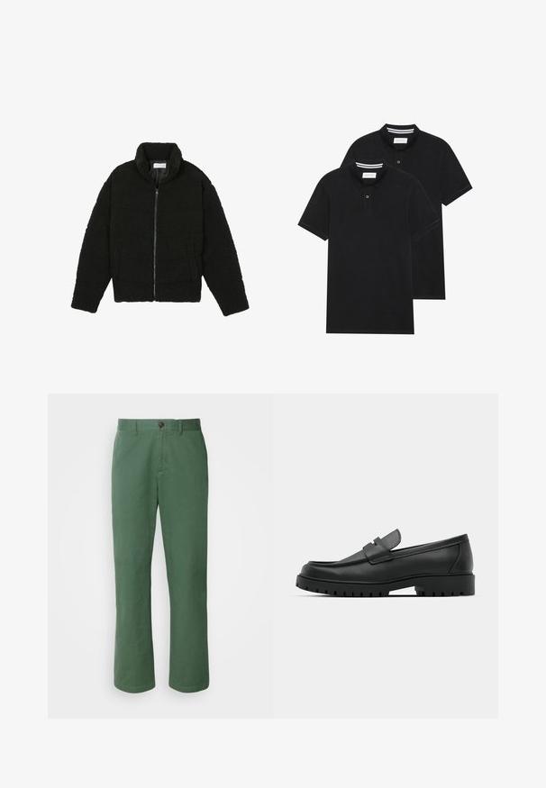 Casaco de pelo sintético preto com gola alta, fecho de zip, punhos elásticos e um design acolchoado. Apresenta bolsos laterais e uma textura suave.; Duas camisetas polo pretas, de manga curta, em material de algodão, com colarinho clássico, abertura com dois botões e detalhes em riscas brancas no interior do colarinho.; Calças de algodão verdes com um design de perna reta, apresentando um fecho frontal com botão e uma textura subtil. Sem padrões ou detalhes visíveis.; Sapatilhas de couro preto com bico arredondado, apresentando um design cosido, sola de plataforma baixa e um solado de borracha texturizado e com cravos.