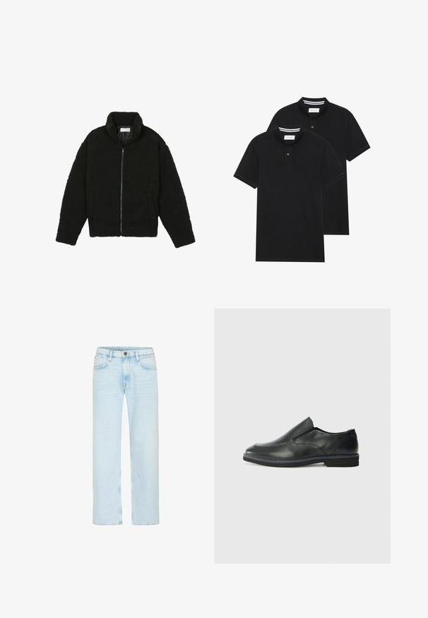 Crna jakna od umjetnog krzna s visokim ovratnikom, zatvaranjem na zip, elastičnim manžetama i kviltanim dizajnom. Sadrži bočne džepove i mekanu teksturu.; Dva crna polo majice, kratki rukavi, pamučni materijal, sa klasičnom ovratnikom, čepom sa dva gumba i bijelim prugastim detaljima unutar ovratnika.; Svijetloplavi traperice imaju ravne nogavice s klasičnim zatvaranjem na dugme, pet džepova i suptilno izblijeđenje za teksturu.; Crne kožne cipele na sklapanje s glatkom gornjom površinom, prošivenim detaljima, zaobljenim vrhom i niskim gumene potplate. Potplat ima minimalne uzorke.