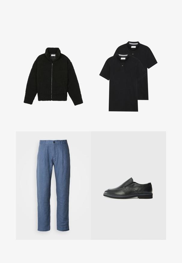 Črna jakna iz umetnega krzna z visokim ovratnikom, z zadrgo, elastičnimi manšetami in kviltanim dizajnom. Ima stranske žepke in mehak tekstur.; Dve črne polo majice, kratke rokave, iz bombažnega materiala, z klasik ovratnikom, dvobodno zaponko in belimi črtkami znotraj ovratnika.; Lahki modri laneni hlače s ravnim nogavicami, ki imajo gumbasto zapiranje, pregibe na pasu in gladko teksturo.; Črne usnjene natikače z gladkim zgornjim delom, prišitimi detajli, zaobljenim nosom in nizkim gumijastim petkom. Podplat ima minimalen profil.