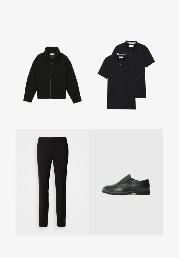 Black faux fur jacket with a high collar, zip closure, elastic cuffs, and a quilted design. Features side pockets and a soft texture.; Two black polo shirts, short-sleeved, cotton material, featuring a classic collar, two-button placket, and white striped accents inside the collar.; Black trousers with a slim fit, featuring a button closure and belt loops. Made of smooth fabric with a slight sheen, no visible patterns.; Black leather slip-on shoe with a smooth upper, stitched accents, rounded toe, and a low rubber heel. Sole features minimal tread.