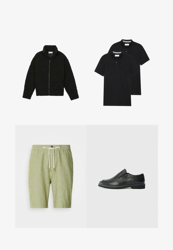 Must must karusnahast jakk kõrge kraega, lukuga sulgemine, elastsed varrukad ja tikandmuster. Omab küljetaskuid ja pehmet tekstuuri.; Kaks musta polo särki, lühikeste varrukatega, puuvillane materjal, klassikalise kraega, kahe nupuga kinnitusega, valgete triipudega krae sisepinnal.; Heledad rohelised lühikesed püksid, mis on valmistatud puuvilla segust, elastse kõrge vööga, millel on nöör ja metallist otsad, lühike pikkus ja ilma taskuteta.; Must musta laia suuga king, millel on sile ülemine osa, õmmeldud detailid, ümmargune nina ja madal kummist konts. Tallal on minimaalne mustr.