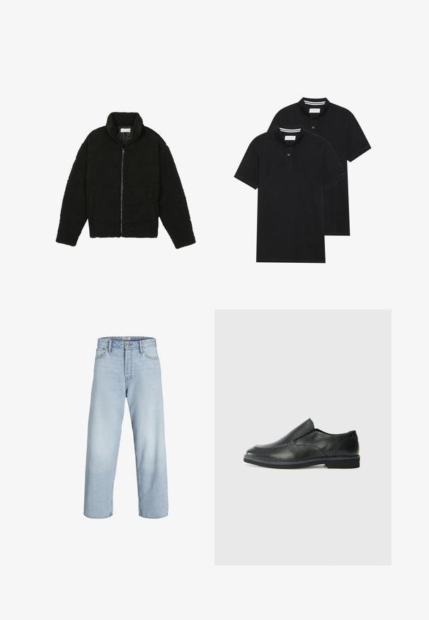 Svart fuskepelsjakke med høy krage, glidelås, elastiske mansjetter og quiltet design. Har sidelommer og en myk tekstur.; To svarte polo skjorter, kortermet, i bomullsmateriale, med krage i klassisk stil, to-knapps knappestolpe, og hvite striper inni kragen.; Lys blå denimjeans med høy midje, vid benstil og rett snitt. Har klassisk knappelukking og femlommersdesign.; Sorte skinn slip-on sko med en jevn overflate, stikking detaljer, rund tå og en lav gummihæl. Sålen har minimal mønstring.