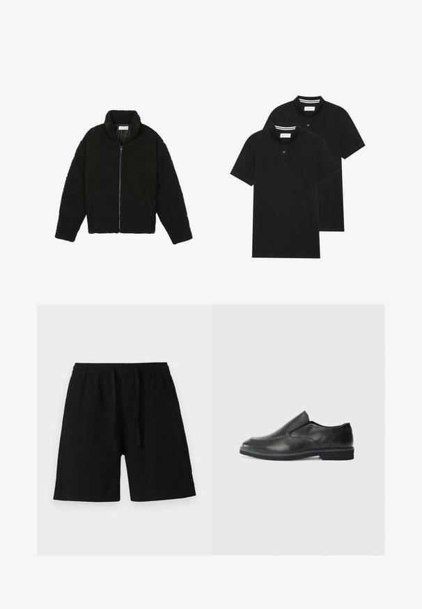 Crna jakna od umjetnog krzna s visokim ovratnikom, zatvaranjem na zip, elastičnim manžetama i kviltanim dizajnom. Sadrži bočne džepove i mekanu teksturu.; Dva crna polo majice, kratki rukavi, pamučni materijal, sa klasičnom ovratnikom, čepom sa dva gumba i bijelim prugastim detaljima unutar ovratnika.; Crne kratke hlače od laganog materijala s elastičnim pojasom i vezicom. Imaju opušteni kroj i nemaju vidljive džepove.; Crne kožne cipele na sklapanje s glatkom gornjom površinom, prošivenim detaljima, zaobljenim vrhom i niskim gumene potplate. Potplat ima minimalne uzorke.