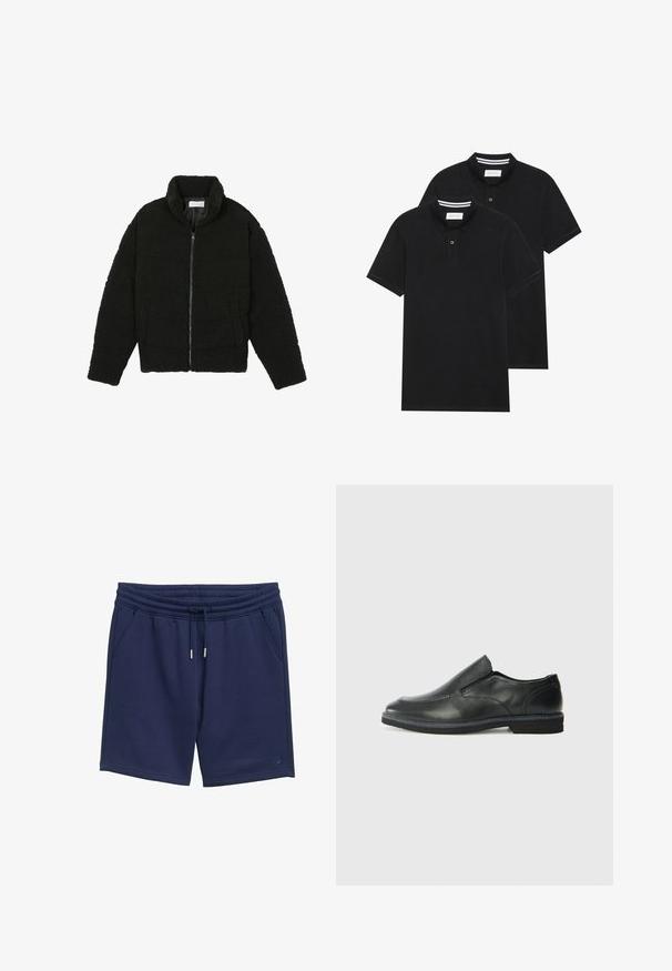 Černá umělá kožešinová bunda s vysokým límcem, zipovým uzávěrem, elastickými manžetami a prošívaným designem. Obsahuje postranní kapsy a jemnou texturu.; Dvě černé polokošile s krátkým rukávem z bavlny, s klasickým límcem, dvouknoflíkovou légou a bílými pruhovanými akcenty uvnitř límce.; Námořnické modré šortky vyrobené z měkké tkaniny, s elastickým pasem na šňůrku, postranními kapsami a jednoduchým logem.; Černá kožená nazouvací bota s hladkým svrškem, prošívanými detaily, zaoblenou špičkou a nízkým gumovým podpatkem. Podešev má minimální vzorek.