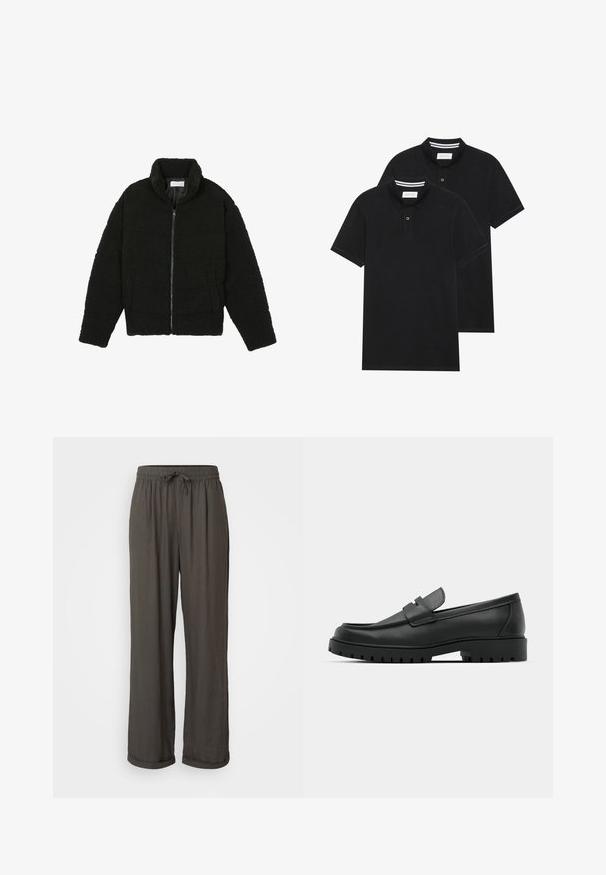 Black faux fur jacket with a high collar, zip closure, elastic cuffs, and a quilted design. Features side pockets and a soft texture.; Two black polo shirts, short-sleeved, cotton material, featuring a classic collar, two-button placket, and white striped accents inside the collar.; Dark gray wide-leg pants with a drawstring waist, made of a soft, textured fabric, featuring rolled cuffs at the ankles.; Black leather loafers with a rounded toe, featuring a stitched design, low platform sole, and a textured, lugged rubber outsole.