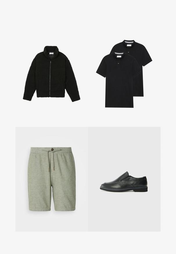 Čierna umelá kožušinová bunda s vysokým golierom, zipsom, elastickými manžetami a prešívaným dizajnom. Má bočné vrecká a jemnú textúru.; Dvé čierne polo tričká, krátke rukávy, vyrobené z bavlny, s klasickým golierom, dvojitým gombíkom a bielymi pruhmi vo vnútri goliera.; Svetlozelené šortky vyrobené z texturovanej látky s elastickým pásom, šnúrkou a jedným detailom uzáveru na gombík.; Čierny kožený nazúvací topánka s hladkým zvrškom, prešitými akcentmi, zaoblenou špičkou a nízkym gumovým podpätkom. Podošva má minimálny dezén.