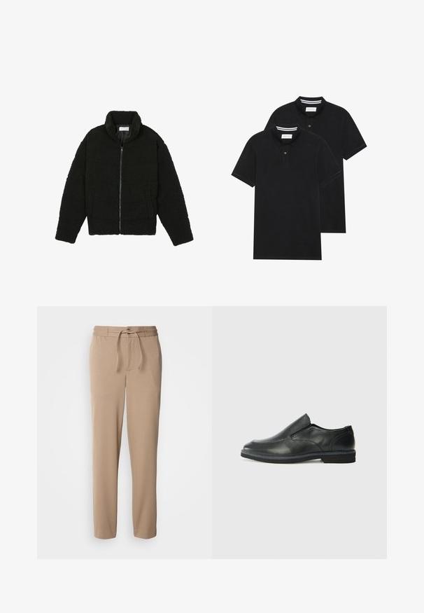 Casaco de pelo sintético preto com gola alta, fecho de zip, punhos elásticos e um design acolchoado. Apresenta bolsos laterais e uma textura suave.; Duas camisetas polo pretas, de manga curta, em material de algodão, com colarinho clássico, abertura com dois botões e detalhes em riscas brancas no interior do colarinho.; Calças de moletão bege feitas de algodão suave, com um cós elástico, cordão, corte slim e pernas retas sem padrões.; Sapato slip-on preto em pele com um upper liso, acabamentos cosidos, bico arredondado e um salto de borracha baixo. A sola apresenta um padrão de aderência mínimo.