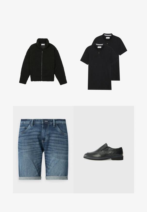 Giacca in pelliccia sintetica nera con colletto alto, chiusura con zip, polsini elasticizzati e design trapuntato. Presenta tasche laterali e una consistenza morbida.; Due magliette polo nere, con maniche corte, in cotone, con colletto classico, pattina a due bottoni e dettagli a righe bianche all'interno del colletto.; Shorts in denim blu scuro con una leggera effetto sbiadito. Presentano orli arrotolati, design a cinque tasche e chiusura con bottone frontale.; Scarpa nera in pelle con inserto scivolare, superiore liscio, dettagli cuciti, punta arrotondata e tacco in gomma basso. La suola presenta un battistrada minimale.