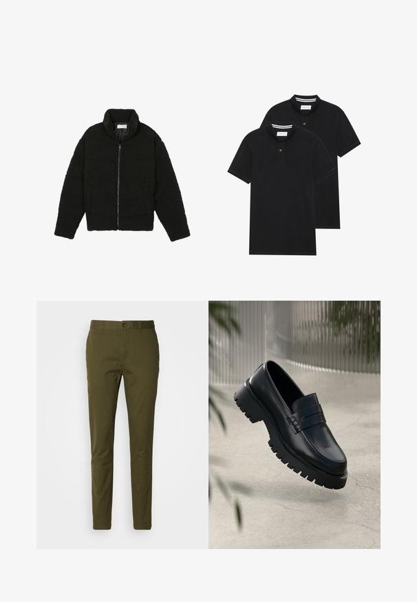 Veste en fausse fourrure noire avec un col haut, fermeture éclair, poignets élastiques et un design matelassé. Elle possède des poches latérales et une texture douce.; Deux polos noirs, à manches courtes, en coton, avec un col classique, une patte de boutonnage à deux boutons, et des accents rayés blancs à l'intérieur du col.; Pantalons vert olive en coton lisse, dotés d'une fermeture à bouton, d'une coupe ajustée et de détails de couture minimalistes sur la taille.; Mocassins en cuir noir avec une semelle à crampons épaisse, dotés d'une sangle décorative et de détails de couture. Texture lisse avec une finition polie.