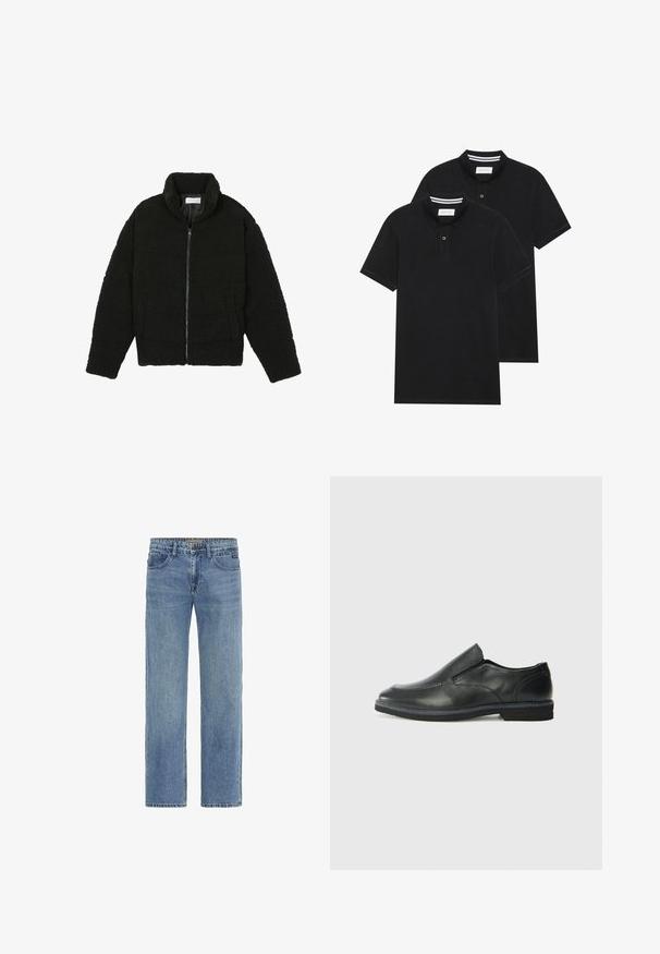 Črna jakna iz umetnega krzna z visokim ovratnikom, z zadrgo, elastičnimi manšetami in kviltanim dizajnom. Ima stranske žepke in mehak tekstur.; Dve črne polo majice, kratke rokave, iz bombažnega materiala, z klasik ovratnikom, dvobodno zaponko in belimi črtkami znotraj ovratnika.; Svijetloplave traperice s ravnim krojem, sa klasičnim dizajnom od pet džepova i vidljivim šavovima. Bez ukrasa.; Črne usnjene natikače z gladkim zgornjim delom, prišitimi detajli, zaobljenim nosom in nizkim gumijastim petkom. Podplat ima minimalen profil.