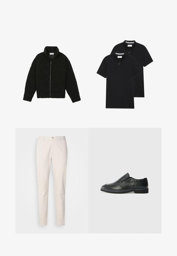 Schwarze Kunstpelzjacke mit hohem Kragen, Reißverschluss, elastischen Bündchen und gestepptem Design. Verfügt über seitliche Taschen und eine weiche Textur.; Zwei schwarze Polohemden, kurzärmlig, aus Baumwolle, mit einem klassischen Kragen, zwei Knöpfen und weißen Streifenakzenten im Inneren des Kragens.; Scotch & Soda SEASONAL CORE STUART - Chino - highway grey; Schwarze Leder-Slipper mit glattem Obermaterial, gesteppten Akzenten, runder Zehenpartie und niedrigem Gummiabsatz. Die Sohle hat ein minimales Profil.