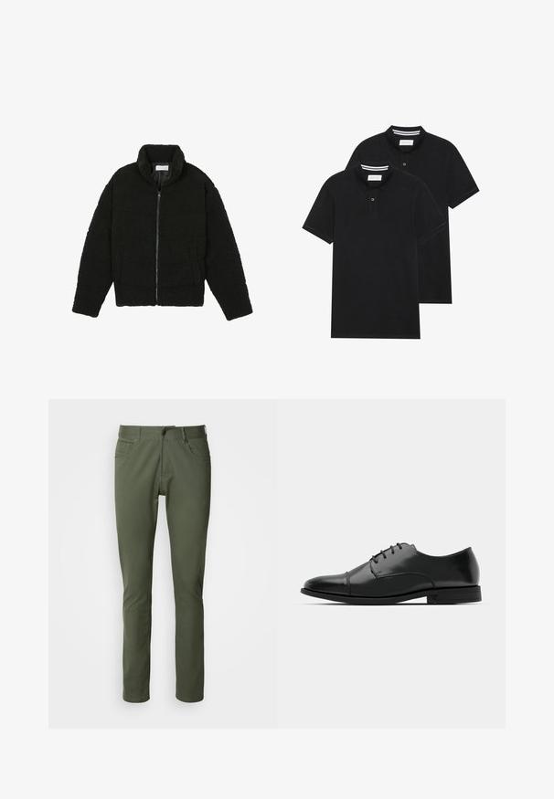 Crna jakna od umjetnog krzna s visokim ovratnikom, zatvaranjem na zip, elastičnim manžetama i kviltanim dizajnom. Sadrži bočne džepove i mekanu teksturu.; Dva crna polo majice, kratki rukavi, pamučni materijal, sa klasičnom ovratnikom, čepom sa dva gumba i bijelim prugastim detaljima unutar ovratnika.; Hlače maslinaste boje od pamuka i poliester, klasičnog ravnog kroja, s pet džepova i metalnim zatvaranjem na dugme. Glatka tekstura.; Crne kožne cipele s okruglim prstom, s vezanjem, suptilnim detaljima šivanja i niskim potplatima. Glatka tekstura s poliranim finišem.