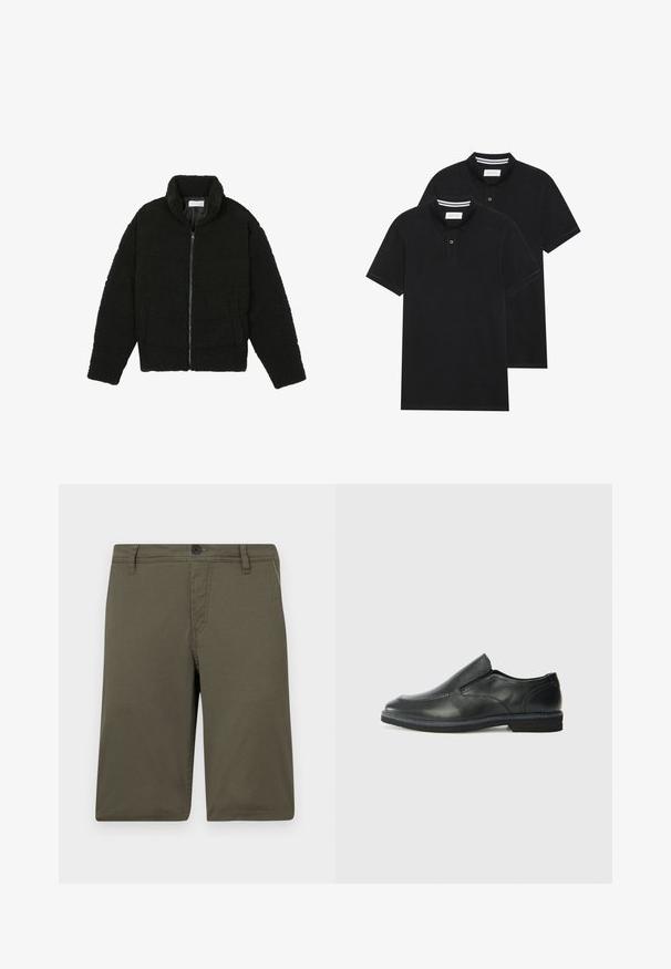 Jachetă din blană sintetică neagră, cu guler înalt, închidere cu fermoar, manșete elastice și un design matlasat. Dispune de buzunare laterale și o textură moale.; Două tricouri polo negre, cu mânecă scurtă, din material de bumbac, având un guler clasic, deschidere cu două butoane și accente albe cu dungi în interiorul gulerului.; Shorts khaki fabricate dintr-un material rezistent, cu un front neted, un sistem de prindere cu centură și un buton pentru închidere; dispune de două buzunare laterale și o cusătură bine realizată.; Pantof de piele neagră, tip slip-on, cu un superior neted, accente cusute, vârf rotunjit și un toc jos din cauciuc. Talpa are un profil minim de aderență.