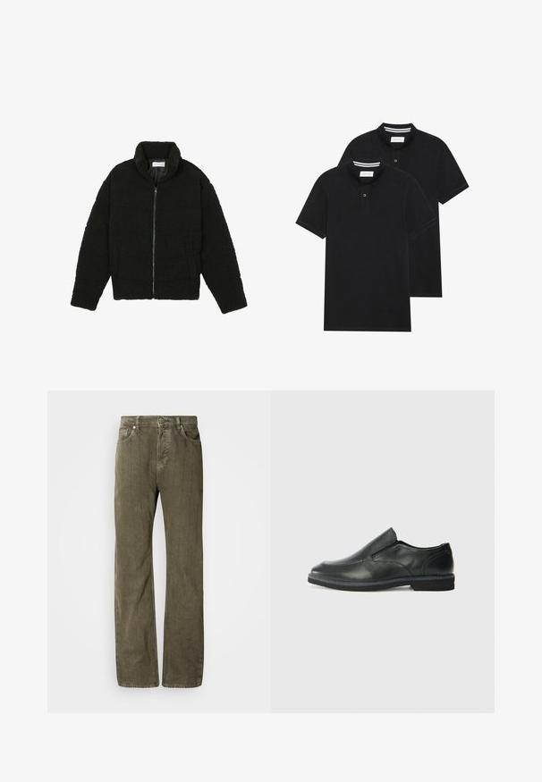 Črna jakna iz umetnega krzna z visokim ovratnikom, z zadrgo, elastičnimi manšetami in kviltanim dizajnom. Ima stranske žepke in mehak tekstur.; Dve črne polo majice, kratke rokave, iz bombažnega materiala, z klasik ovratnikom, dvobodno zaponko in belimi črtkami znotraj ovratnika.; Olivno zeleni traperice ravnog kroja, izrađene od teksturirane pamučne tkanine. Imaju pet džepova, metalno kopčanje i suptilne vertikalne šavove.; Črne usnjene natikače z gladkim zgornjim delom, prišitimi detajli, zaobljenim nosom in nizkim gumijastim petkom. Podplat ima minimalen profil.