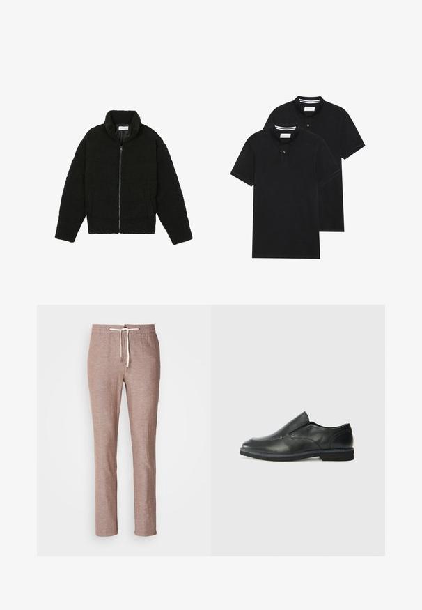 Musta tekokarvalehtijakku korkean kauluksen, vetoketjun, joustavat hihansuut ja tilkkutäkkikuvion. Sisältää sivutaskut ja pehmeän pinnan.; Kaksi mustaa lyhythihaista poolopaitaa, puuvillamateriaalia, joissa on klassinen kaulus, kahden napin napitus ja valkoiset raidat kauluksen sisällä.; Vaaleanruskeat pellavahousut, joissa on sidevyö, suora lahje ja hieman teksturoitu pinta. Ei ylimääräisiä taskuja tai koristeluja.; Musta nahkainen liukujalkine, jossa on sileä pinta, ommeltuja yksityiskohtia, pyöristetty kärki ja matala kumipohja. Pohjassa on minimaalinen pito.