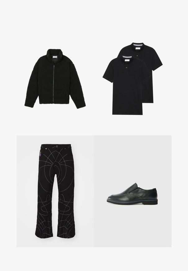 Črna jakna iz umetnega krzna z visokim ovratnikom, z zadrgo, elastičnimi manšetami in kviltanim dizajnom. Ima stranske žepke in mehak tekstur.; Dve črne polo majice, kratke rokave, iz bombažnega materiala, z klasik ovratnikom, dvobodno zaponko in belimi črtkami znotraj ovratnika.; Črne hlače z belim abstraktnim šivanjem. Imajo standardne žepke, gumbasto zapiranje in ravno nogavico. Teksturirana tkanina.; Črne usnjene natikače z gladkim zgornjim delom, prišitimi detajli, zaobljenim nosom in nizkim gumijastim petkom. Podplat ima minimalen profil.