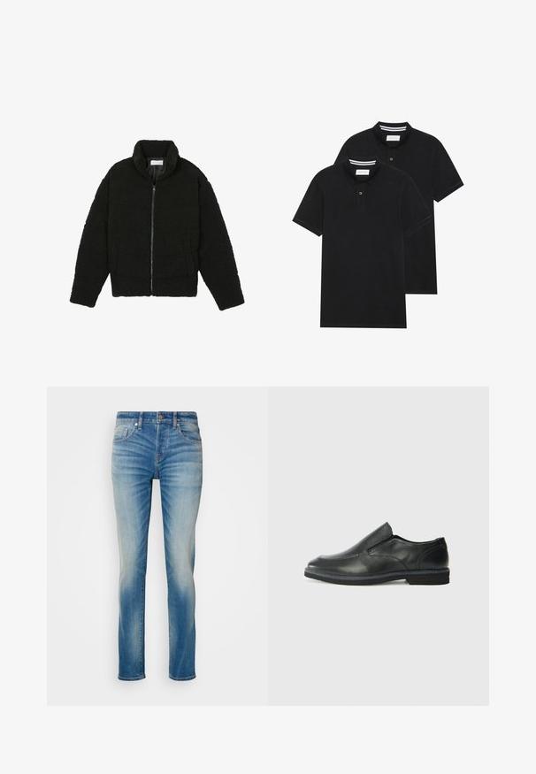 Zwarte faux fur jas met een hoge kraag, ritssluiting, elastische manchetten en een doorgestikt ontwerp. Beschikt over zijzakken en een zachte textuur.; Twee zwarte polo shirts, met korte mouwen, van katoen, met een klassieke kraag, een knoopsluiting met twee knopen en witte gestreepte accenten aan de binnenkant van de kraag.; Lichtblauwe denim jeans met een rechte pasvorm, voorzien van vijf zakken en subtiele vervaging op de bovenbenen. Metalen knoop en ritssluiting.; Zwarte leren instapper met een soepele bovenkant, gestikte accenten, ronde neus en een lage rubberen hak. De zool heeft minimale profiel.