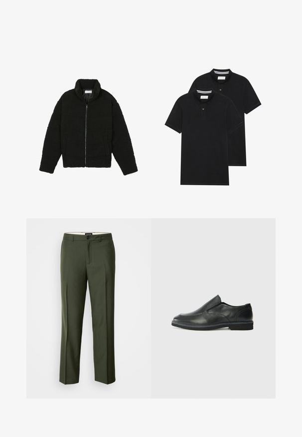 Svart fuskepelsjakke med høy krage, glidelås, elastiske mansjetter og quiltet design. Har sidelommer og en myk tekstur.; To svarte polo skjorter, kortermet, i bomullsmateriale, med krage i klassisk stil, to-knapps knappestolpe, og hvite striper inni kragen.; Olivengrønne skreddersydde bukser laget av et glatt stoff, med en enkel knappelukking, beltehemper og frontfalter for struktur.; Sorte skinn slip-on sko med en jevn overflate, stikking detaljer, rund tå og en lav gummihæl. Sålen har minimal mønstring.