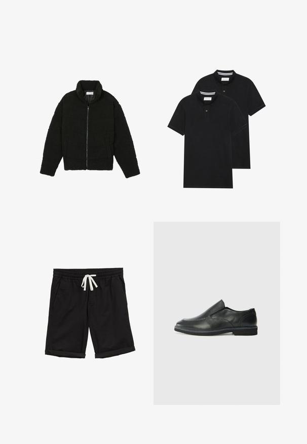 Musta tekokarvalehtijakku korkean kauluksen, vetoketjun, joustavat hihansuut ja tilkkutäkkikuvion. Sisältää sivutaskut ja pehmeän pinnan.; Kaksi mustaa lyhythihaista poolopaitaa, puuvillamateriaalia, joissa on klassinen kaulus, kahden napin napitus ja valkoiset raidat kauluksen sisällä.; Mustat shortsit, joissa on joustava vyötärö, valkoinen naru, sivutaskut ja käännetyt lahkeet, valmistettu kevyestä, sileästä materiaalista.; Musta nahkainen liukujalkine, jossa on sileä pinta, ommeltuja yksityiskohtia, pyöristetty kärki ja matala kumipohja. Pohjassa on minimaalinen pito.