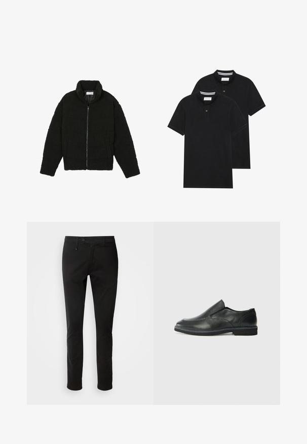 Μαύρη ψεύτικη γούνα τζάκετ με ψηλό γιακά, φερμουάρ, ελαστικούς καρπούς και σχεδίαση με κουβέρτα. Περιλαμβάνει πλαϊνές τσέπες και μαλακή υφή.; Δύο μαύρα πόλο πουκάμισα, κοντομάνικα, από βαμβακερό υλικό, με κλασικό γιακά, πατιλέτα με δύο κουμπιά και λευκές ριγέ λεπτομέρειες μέσα στον γιακά.; Antony Morato BRYAN - Chinos - black; Μαύρο δερμάτινο παπούτσι χωρίς κορδόνια με λείο επάνω μέρος, ραφές, στρογγυλή μύτη και χαμηλό λάστιχο τακούνι. Η σόλα διαθέτει ελάχιστο σχέδιο.