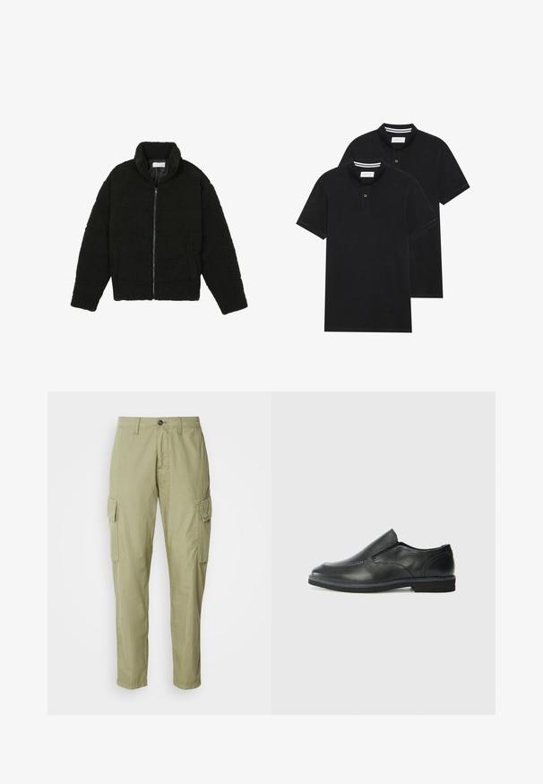 Must must karusnahast jakk kõrge kraega, lukuga sulgemine, elastsed varrukad ja tikandmuster. Omab küljetaskuid ja pehmet tekstuuri.; Kaks musta polo särki, lühikeste varrukatega, puuvillane materjal, klassikalise kraega, kahe nupuga kinnitusega, valgete triipudega krae sisepinnal.; Kerged püksid helesinisest oliivrohelisest värvist, valmistatud tekstuursest kangast, millel on kaks külge taskut ja sirge jalgade disain nupuga sulgemisega.; Must musta laia suuga king, millel on sile ülemine osa, õmmeldud detailid, ümmargune nina ja madal kummist konts. Tallal on minimaalne mustr.