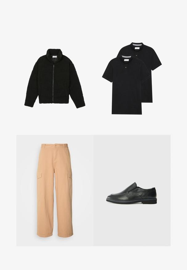 Black faux fur jacket with a high collar, zip closure, elastic cuffs, and a quilted design. Features side pockets and a soft texture.; Two black polo shirts, short-sleeved, cotton material, featuring a classic collar, two-button placket, and white striped accents inside the collar.; Beige wide-leg cargo pants made from lightweight fabric, featuring two side pockets and a button closure at the waist. Soft texture.; Black leather slip-on shoe with a smooth upper, stitched accents, rounded toe, and a low rubber heel. Sole features minimal tread.
