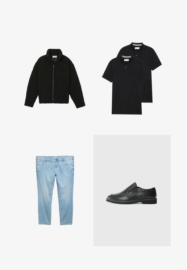 Zwarte faux fur jas met een hoge kraag, ritssluiting, elastische manchetten en een doorgestikt ontwerp. Beschikt over zijzakken en een zachte textuur.; Twee zwarte polo shirts, met korte mouwen, van katoen, met een klassieke kraag, een knoopsluiting met twee knopen en witte gestreepte accenten aan de binnenkant van de kraag.; Lichtblauwe denim jeans met een rechte pasvorm, voorzien van voorzakken, riemlussen en een ritsluiting. Glad, lichtgewicht textuur.; Zwarte leren instapper met een soepele bovenkant, gestikte accenten, ronde neus en een lage rubberen hak. De zool heeft minimale profiel.