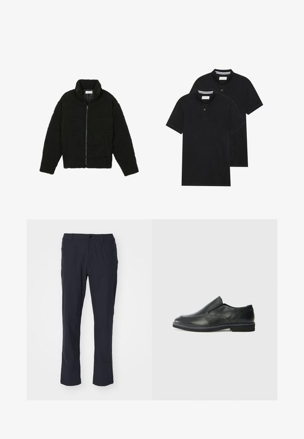 Črna jakna iz umetnega krzna z visokim ovratnikom, z zadrgo, elastičnimi manšetami in kviltanim dizajnom. Ima stranske žepke in mehak tekstur.; Dve črne polo majice, kratke rokave, iz bombažnega materiala, z klasik ovratnikom, dvobodno zaponko in belimi črtkami znotraj ovratnika.; Temno modri ravni hlače iz gladkega materiala. Imajo sprednji gumb, zanke za pas in stranske žepke. Preprost dizajn brez vzorcev.; Črne usnjene natikače z gladkim zgornjim delom, prišitimi detajli, zaobljenim nosom in nizkim gumijastim petkom. Podplat ima minimalen profil.