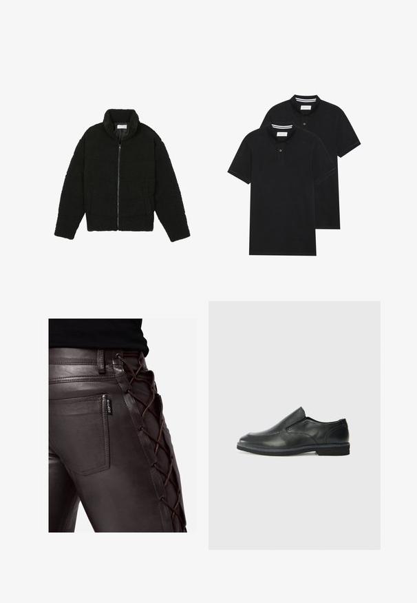 Zwarte faux fur jas met een hoge kraag, ritssluiting, elastische manchetten en een doorgestikt ontwerp. Beschikt over zijzakken en een zachte textuur.; Twee zwarte polo shirts, met korte mouwen, van katoen, met een klassieke kraag, een knoopsluiting met twee knopen en witte gestreepte accenten aan de binnenkant van de kraag.; Bruine leren broek met een gespsluiting aan de zijkant en een bruine koord. Inclusief een achterzak met een zwart label. Gladde textuur.; Zwarte leren instapper met een soepele bovenkant, gestikte accenten, ronde neus en een lage rubberen hak. De zool heeft minimale profiel.