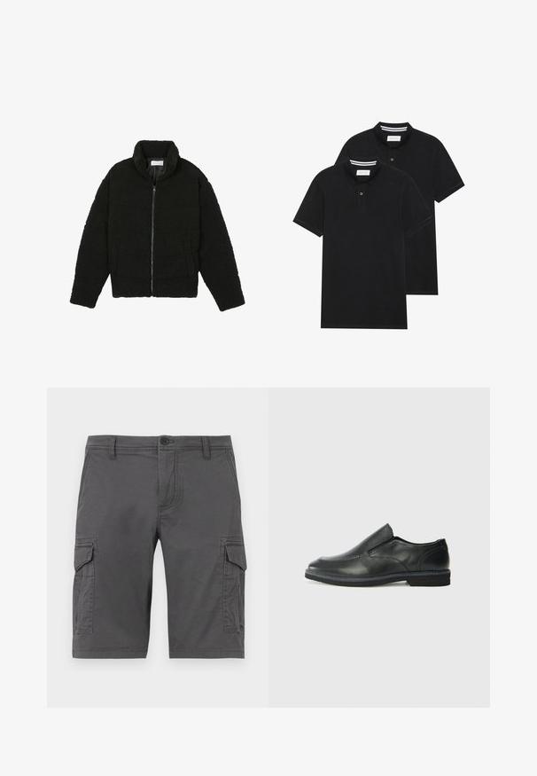 Zwarte faux fur jas met een hoge kraag, ritssluiting, elastische manchetten en een doorgestikt ontwerp. Beschikt over zijzakken en een zachte textuur.; Twee zwarte polo shirts, met korte mouwen, van katoen, met een klassieke kraag, een knoopsluiting met twee knopen en witte gestreepte accenten aan de binnenkant van de kraag.; Grijze cargo shorts met zijzakken, gemaakt van stevige stof, met een knoopsluiting en riemlussen. Soepele textuur, knielange uitvoering.; Zwarte leren instapper met een soepele bovenkant, gestikte accenten, ronde neus en een lage rubberen hak. De zool heeft minimale profiel.