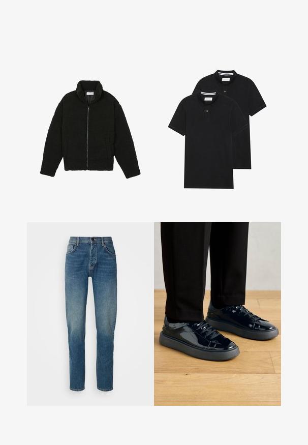 Svart fuskepelsjakke med høy krage, glidelås, elastiske mansjetter og quiltet design. Har sidelommer og en myk tekstur.; To svarte polo skjorter, kortermet, i bomullsmateriale, med krage i klassisk stil, to-knapps knappestolpe, og hvite striper inni kragen.; Denim jeans i en middels blå vask, med rett ben-design, fem lommer, glidelås foran og knappelukking. Falmet tekstur på lårene.; Sorte patentlæder sneakers med en tekstureret gummisål, rund tå og matchende sorte snørebånd, parret med sorte bukser på et trægulv.