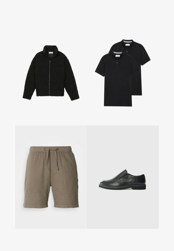 Black faux fur jacket with a high collar, zip closure, elastic cuffs, and a quilted design. Features side pockets and a soft texture.; Two black polo shirts, short-sleeved, cotton material, featuring a classic collar, two-button placket, and white striped accents inside the collar.; Beige linen shorts with an elastic waistband and drawstring. Features side pockets and cuffed hems for a relaxed fit.; Black leather slip-on shoe with a smooth upper, stitched accents, rounded toe, and a low rubber heel. Sole features minimal tread.