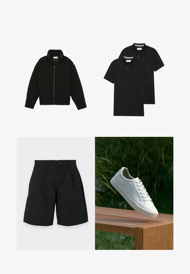 Černá umělá kožešinová bunda s vysokým límcem, zipovým uzávěrem, elastickými manžetami a prošívaným designem. Obsahuje postranní kapsy a jemnou texturu.; Dvě černé polokošile s krátkým rukávem z bavlny, s klasickým límcem, dvouknoflíkovou légou a bílými pruhovanými akcenty uvnitř límce.; Černé šortky vyrobené z hladkého materiálu, s knoflíkovým zapínáním, dvěma předními sklady a bočními kapsami, s uvolněným střihem a rovnými lemy.; Bílé šněrovací tenisky, které se vznášejí nad dřevěnou lavicí, s zeleným listím v pozadí, předvádějící design a strukturu boty.