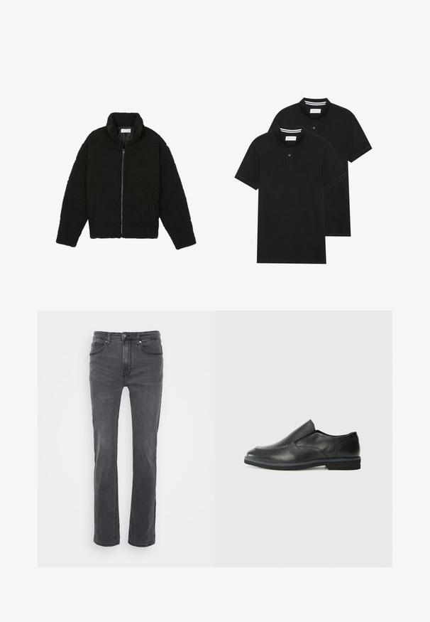 Casaco de pelo sintético preto com gola alta, fecho de zip, punhos elásticos e um design acolchoado. Apresenta bolsos laterais e uma textura suave.; Duas camisetas polo pretas, de manga curta, em material de algodão, com colarinho clássico, abertura com dois botões e detalhes em riscas brancas no interior do colarinho.; Jeans de ganga cinza com um design de perna reta, apresentando bolsos frontais e um fecho de botão clássico. Textura suave com um desbotamento subtil.; Sapato slip-on preto em pele com um upper liso, acabamentos cosidos, bico arredondado e um salto de borracha baixo. A sola apresenta um padrão de aderência mínimo.