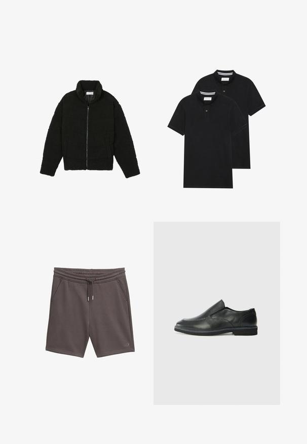 Zwarte faux fur jas met een hoge kraag, ritssluiting, elastische manchetten en een doorgestikt ontwerp. Beschikt over zijzakken en een zachte textuur.; Twee zwarte polo shirts, met korte mouwen, van katoen, met een klassieke kraag, een knoopsluiting met twee knopen en witte gestreepte accenten aan de binnenkant van de kraag.; Grijze katoenen shorts met een elastische tailleband, een trekkoord, twee zijzakken en een klein logo op de linker onderrand.; Zwarte leren instapper met een soepele bovenkant, gestikte accenten, ronde neus en een lage rubberen hak. De zool heeft minimale profiel.