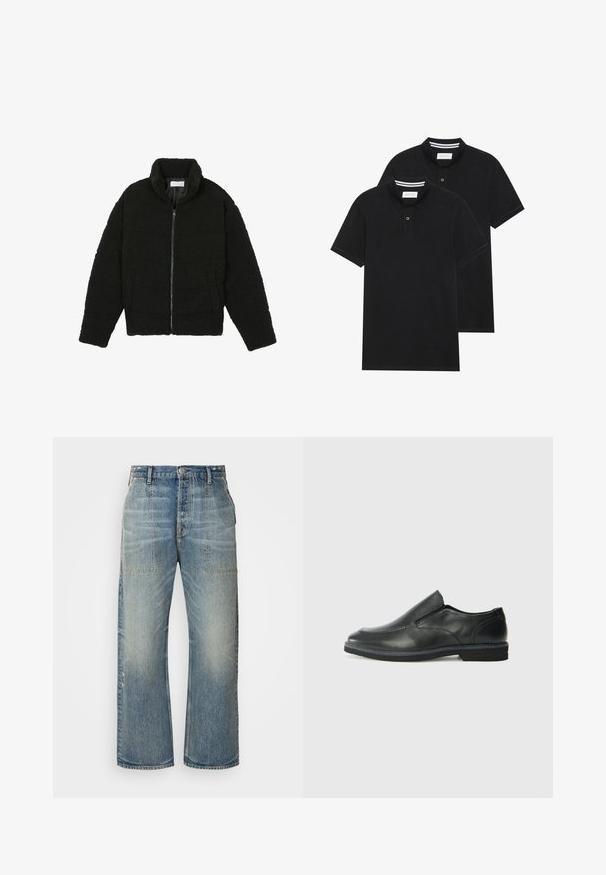 Veste en fausse fourrure noire avec un col haut, fermeture éclair, poignets élastiques et un design matelassé. Elle possède des poches latérales et une texture douce.; Deux polos noirs, à manches courtes, en coton, avec un col classique, une patte de boutonnage à deux boutons, et des accents rayés blancs à l'intérieur du col.; Jeans en denim bleu clair à jambes larges avec une taille haute, deux poches avant et un léger dégradé. Design classique à cinq poches.; Chaussure slip-on en cuir noir avec une tige lisse, des accents cousus, un bout arrondi et un petit talon en caoutchouc. La semelle présente un profil de traction minimal.