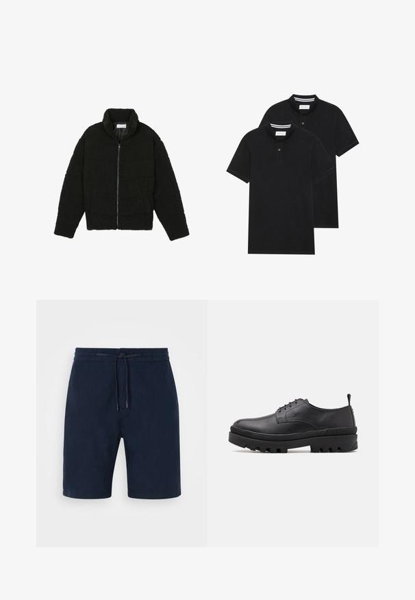 Veste en fausse fourrure noire avec un col haut, fermeture éclair, poignets élastiques et un design matelassé. Elle possède des poches latérales et une texture douce.; Deux polos noirs, à manches courtes, en coton, avec un col classique, une patte de boutonnage à deux boutons, et des accents rayés blancs à l'intérieur du col.; Shorts bleu marine en tissu doux, avec une taille élastique dotée d'un cordon de serrage, des poches latérales et des jambes droites.; Chaussure en cuir noir avec un bout arrondi, un laçage et une semelle en caoutchouc épaisse. Possède une languette au talon et des accents texturés.