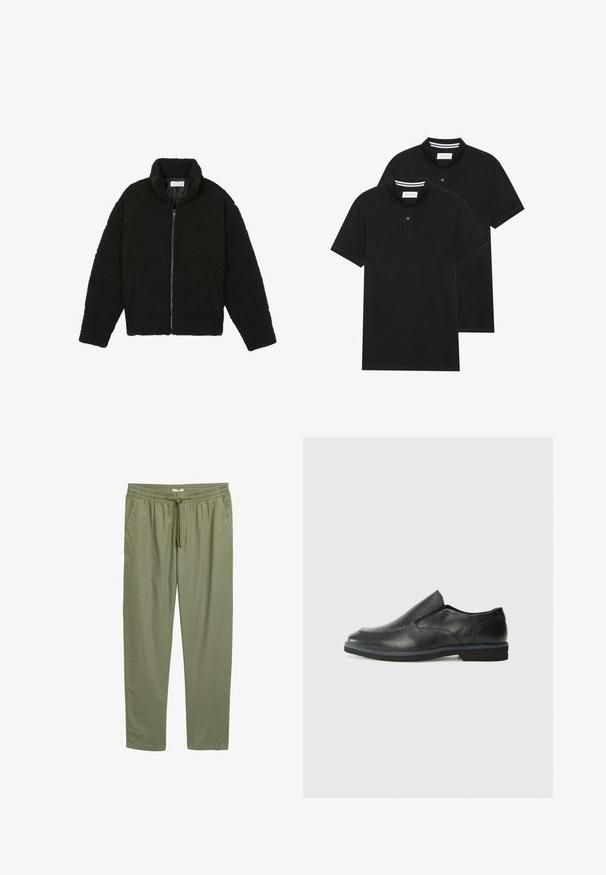 Schwarze Kunstpelzjacke mit hohem Kragen, Reißverschluss, elastischen Bündchen und gestepptem Design. Verfügt über seitliche Taschen und eine weiche Textur.; Zwei schwarze Polohemden, kurzärmlig, aus Baumwolle, mit einem klassischen Kragen, zwei Knöpfen und weißen Streifenakzenten im Inneren des Kragens.; Olivengrüne, leichte, tapered Hosen mit elastischem Bund und Kordelzug. Verfügt über Seitentaschen und eine glatte Textur.; Schwarze Leder-Slipper mit glattem Obermaterial, gesteppten Akzenten, runder Zehenpartie und niedrigem Gummiabsatz. Die Sohle hat ein minimales Profil.