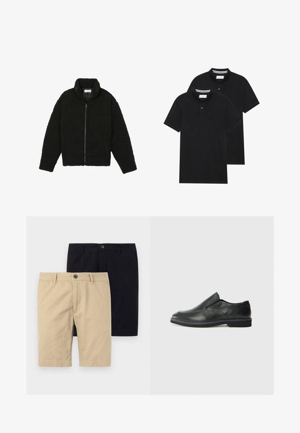 Giacca in pelliccia sintetica nera con colletto alto, chiusura con zip, polsini elasticizzati e design trapuntato. Presenta tasche laterali e una consistenza morbida.; Due magliette polo nere, con maniche corte, in cotone, con colletto classico, pattina a due bottoni e dettagli a righe bianche all'interno del colletto.; Due paia di pantaloni corti, uno color khaki e uno nero, realizzati in cotone. Entrambi presentano un bottone, una vestibilità piatta nella parte anteriore e sono progettati per arrivare fino al ginocchio.; Scarpa nera in pelle con inserto scivolare, superiore liscio, dettagli cuciti, punta arrotondata e tacco in gomma basso. La suola presenta un battistrada minimale.