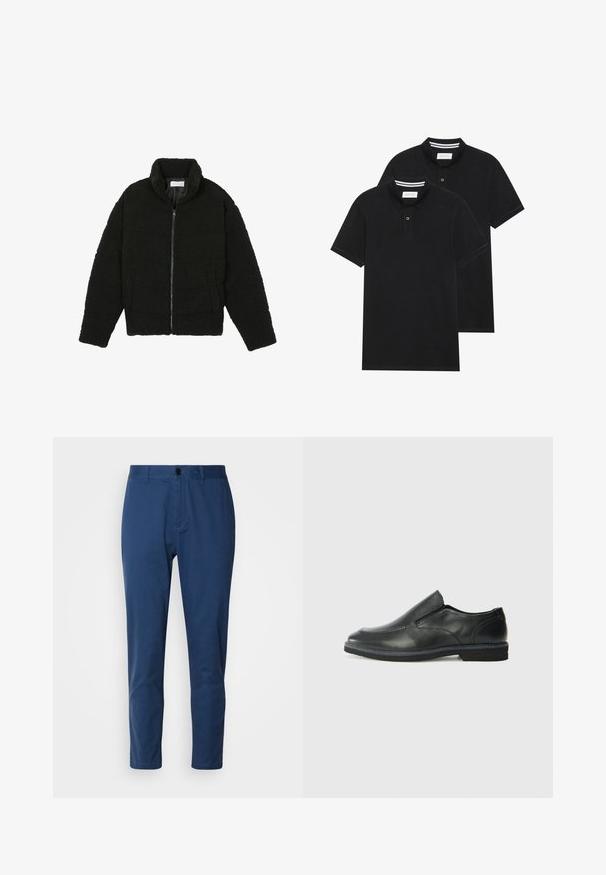 Fekete műszőrme dzseki magas gallérral, cipzáros záródással, rugalmas mandzsettákkal és steppelt mintázattal. Oldalsó zsebekkel rendelkezik, és puha tapintású.; Két fekete pólóing, rövid ujjú, pamut anyagból készült, klasszikus gallérral, két gombos gombolással, és fehér csíkos díszítéssel a gallér belső részén.; Sötétkék pamut nadrág sima felülettel, egyenes szabással és gombos záródással a derékrészen. Nincs rajta látható mintázat vagy fémalkatrész.; Fekete bőr, slip-on cipő sima felsőrésszel, varrott díszítéssel, lekerekített orral és alacsony gumitalppal. A talpa minimális bordázattal rendelkezik.