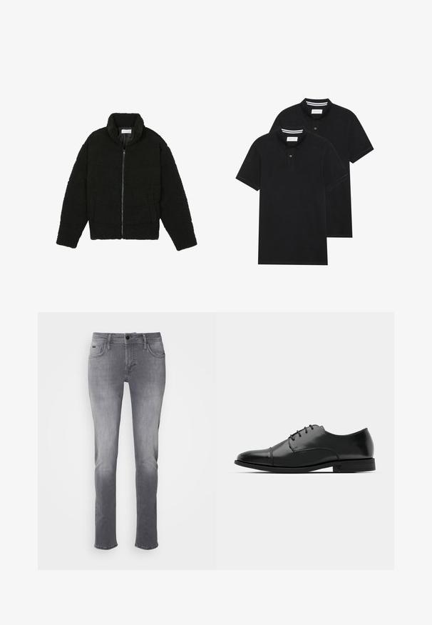 Crna jakna od umjetnog krzna s visokim ovratnikom, zatvaranjem na zip, elastičnim manžetama i kviltanim dizajnom. Sadrži bočne džepove i mekanu teksturu.; Dva crna polo majice, kratki rukavi, pamučni materijal, sa klasičnom ovratnikom, čepom sa dva gumba i bijelim prugastim detaljima unutar ovratnika.; Sive traperice sa ravnim krojem, s pet džepova, kopčanjem na gumb i patentni zatvarač, te suptilnim izblijedjenjem na teksturi tkanine.; Crne kožne cipele s okruglim prstom, s vezanjem, suptilnim detaljima šivanja i niskim potplatima. Glatka tekstura s poliranim finišem.