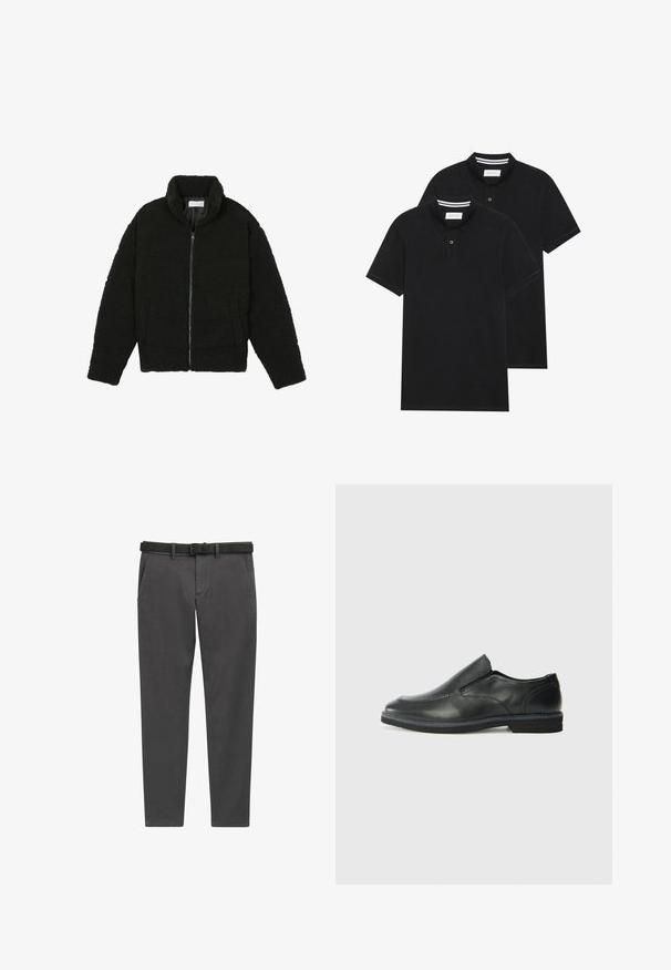 Veste en fausse fourrure noire avec un col haut, fermeture éclair, poignets élastiques et un design matelassé. Elle possède des poches latérales et une texture douce.; Deux polos noirs, à manches courtes, en coton, avec un col classique, une patte de boutonnage à deux boutons, et des accents rayés blancs à l'intérieur du col.; Pantalon gris en tissu tissé, avec une coupe droite, des poches latérales et une ceinture en cuir noir avec une boucle en métal argenté.; Chaussure slip-on en cuir noir avec une tige lisse, des accents cousus, un bout arrondi et un petit talon en caoutchouc. La semelle présente un profil de traction minimal.