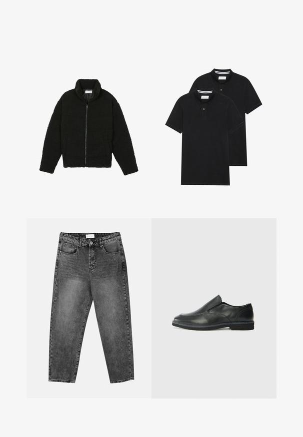 Juoda dirbtinė kailio striukė su aukštu apykakle, užtrauktuku, elastingomis rankovėmis ir siuvinėtu raštu. Su šoninėmis kišenėmis ir švelnia tekstūra.; Du žaidimų juodos polo marškiniai, trumpomis rankovėmis, pagaminti iš medvilnės, su klasikinėmis apykaklėmis, dviem mygtukais priekyje ir baltais dryžiais apykaklės viduje.; Juodos plačios tiesios kojų džinsai su priekinėmis ir galinėmis kišenėmis, dirželių kilpomis ir sagčių uždarymu klubų srityje.; Juodai odiniai įtvirtinimo batai su lygiu paviršiumi, siuvinėjimo akcentais, apvalia nosimi ir žemu guminiu kulnu. Pado raštas minimalus.