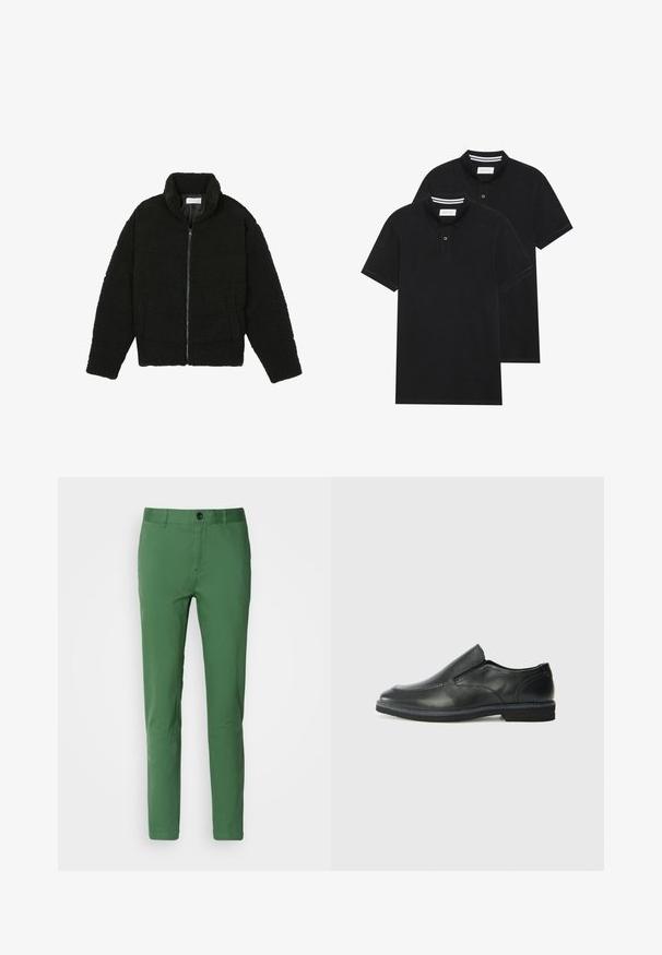 Veste en fausse fourrure noire avec un col haut, fermeture éclair, poignets élastiques et un design matelassé. Elle possède des poches latérales et une texture douce.; Deux polos noirs, à manches courtes, en coton, avec un col classique, une patte de boutonnage à deux boutons, et des accents rayés blancs à l'intérieur du col.; Pantalons ajustés verts en tissu mélangé de coton, comportant une fermeture à boutons classique, des poches latérales et une texture lisse.; Chaussure slip-on en cuir noir avec une tige lisse, des accents cousus, un bout arrondi et un petit talon en caoutchouc. La semelle présente un profil de traction minimal.