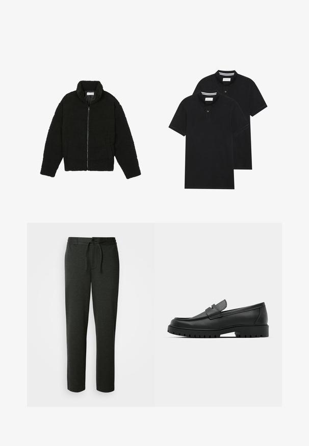 Svart fuskepelsjakke med høy krage, glidelås, elastiske mansjetter og quiltet design. Har sidelommer og en myk tekstur.; To svarte polo skjorter, kortermet, i bomullsmateriale, med krage i klassisk stil, to-knapps knappestolpe, og hvite striper inni kragen.; Mørkegrå joggebukser laget av myk bomullsblanding. Har elastisk midje med snor og sidelommer. Rett ben-design.; Sorte lærloafere med rund tå, med en syddesign, lav plattformsåle og en teksturert, ruggede gummisåle.