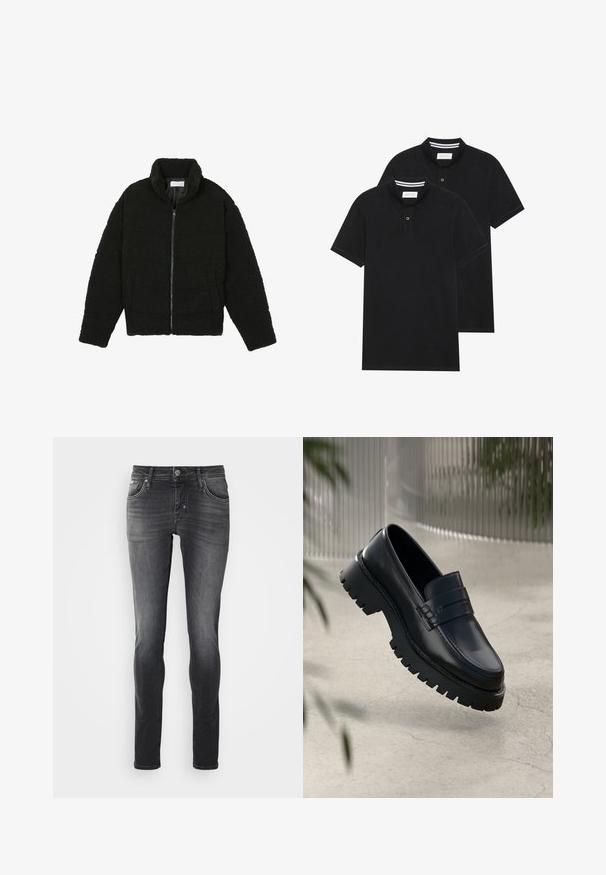 Casaco de pelo sintético preto com gola alta, fecho de zip, punhos elásticos e um design acolchoado. Apresenta bolsos laterais e uma textura suave.; Duas camisetas polo pretas, de manga curta, em material de algodão, com colarinho clássico, abertura com dois botões e detalhes em riscas brancas no interior do colarinho.; Jeans skinny-fit em denim cinza escuro, com um clássico design de cinco bolsos, fecho com zíper e botão, e com desbotamento mínimo para um visual elegante.; Mocassins de couro preto com sola de rasto espesso, apresentando uma tira decorativa e detalhes de costura. Textura suave com um acabamento polido.