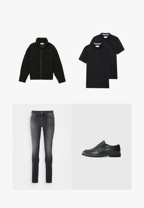 Čierna umelá kožušinová bunda s vysokým golierom, zipsom, elastickými manžetami a prešívaným dizajnom. Má bočné vrecká a jemnú textúru.; Dvé čierne polo tričká, krátke rukávy, vyrobené z bavlny, s klasickým golierom, dvojitým gombíkom a bielymi pruhmi vo vnútri goliera.; Slim-fit džínsy v tmavo šedej denimovej farbe, s klasickým dizajnom piatich vreciek, zipsom a gombíkovým zapínaním, a minimálnym vyblednutím pre elegantný vzhľad.; Čierny kožený nazúvací topánka s hladkým zvrškom, prešitými akcentmi, zaoblenou špičkou a nízkym gumovým podpätkom. Podošva má minimálny dezén.